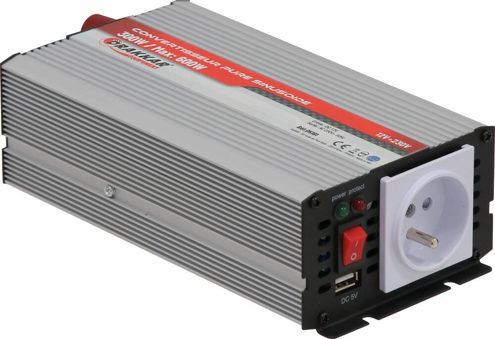 Convertisseur 12V DC/230V AC - 600W max - pure sinusoïde – DRAKKAR 05181