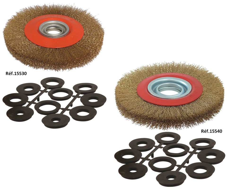 Brosses métalliques pour touret avec bagues multi-alésage - Ø 150mm ou 200mm.